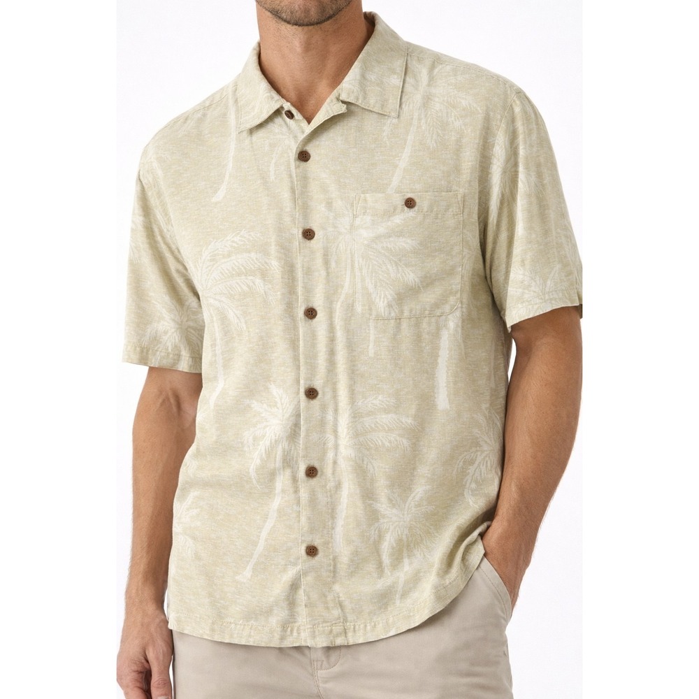 Boca Classics Mens Silk Blend Palm Tree Jacquard Short Sleeve Shirt Large Khaki‎